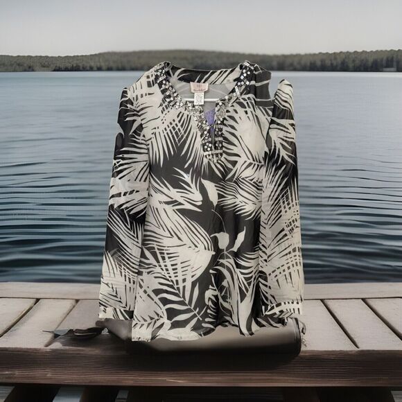 NWT Chic Leaf print dress/tunic/blouse sequin Tropical Boho - size 6 - Picture 1 of 3